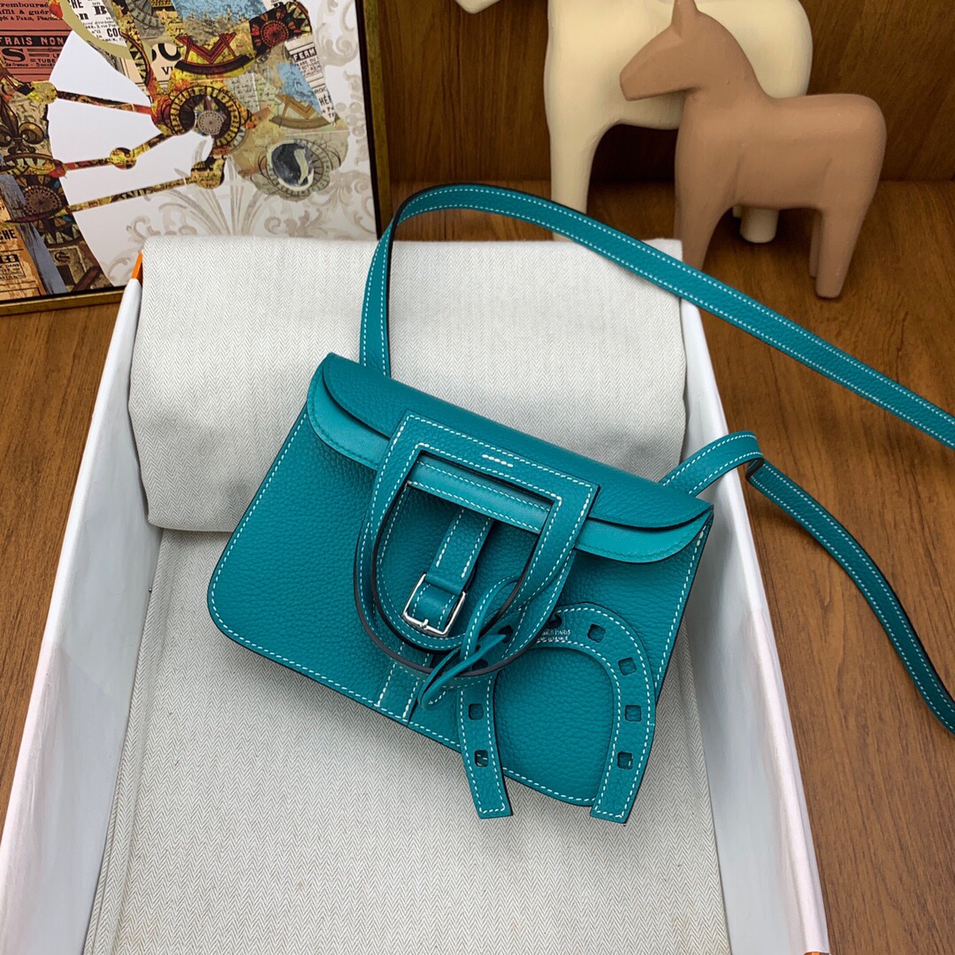 Hermes Mini Halzan 22 Handbag Shoulder Bag In Blue Atoll Clemence Leather